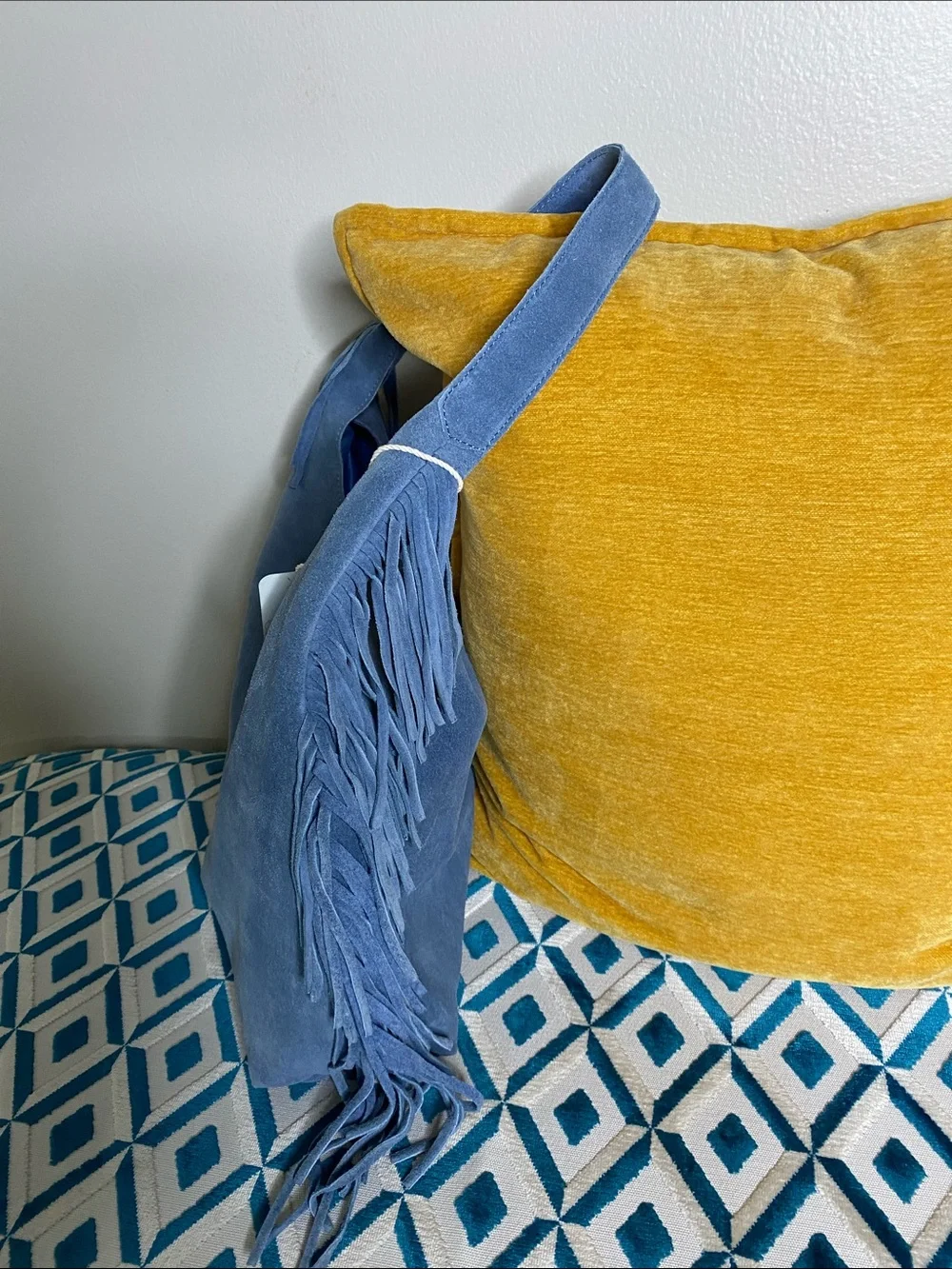 NWT! Haute Hippie Genuine Suede Powder Blue Slouchy Hobo Fringe Bag